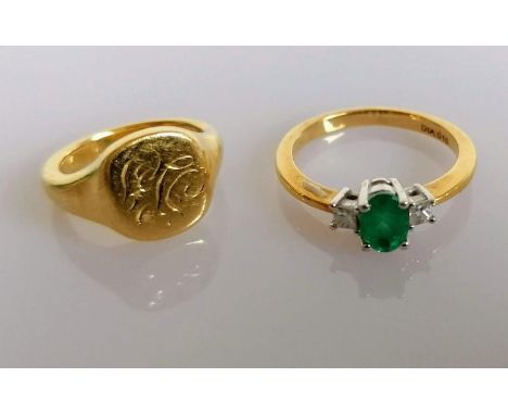 An oval emerald (6mm x 4mm) and diamond ring on yellow gold with an initialled signet gold ring, sizes K, C 1/2, both stamped