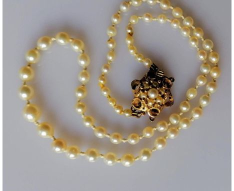 A graduated string of cultured pearls with pearl cluster clasp, not marked, 40 cm,
