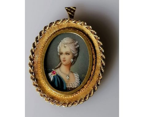 An Italian 18ct yellow gold-framed oval miniature portrait of a lady, indistinctly signed, stamped 750 T&amp;B, 43mm x 36mm, 