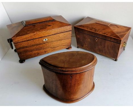 A George III rosewood sarcophagus tea caddy with side ring handles, ivory escutcheon, original fitted interior, including gla