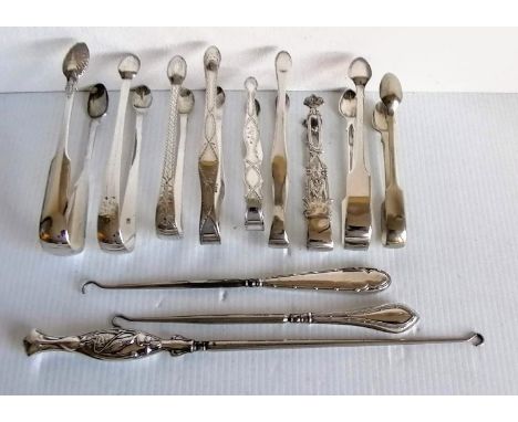 An assortment of nine silver sugar tongs, mostly George III, GIV with bright-cut decoration; various makers to include Peter 