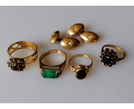 Four gem-set 9ct gold rings, various sizes and a pair of cufflinks with seed pearl decoration (one pearl missing), all hallma
