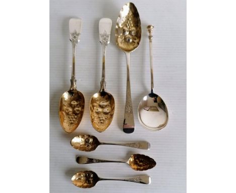 A George III silver fruit or berry spoon by William Bateman, 1815, 22 cm, a similar pair by Holland, Aldwinckle &amp; Slater,