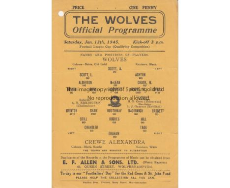 WOLVES - CREWE 45   Single sheet Wolves home programme v Crewe, 13/1/45, League Cup qualifier, small hole in top corner, prin