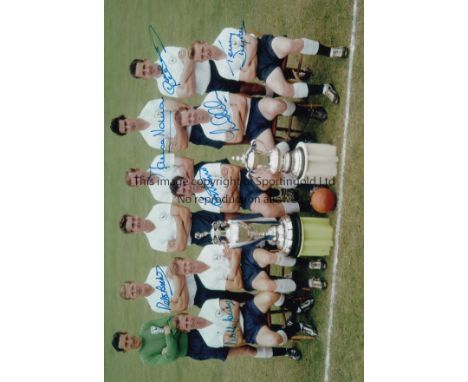 TOTTENHAM 1961      Col 12” x 8” photo, showing the 1960/61 League & FA Cup winners – Tottenham Hotspur, posing with their tr
