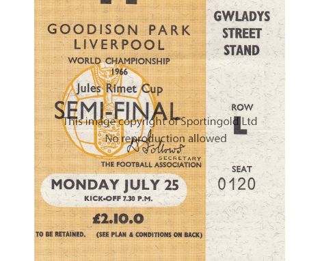 1966 WORLD CUP        Seat ticket for the Semi-Final at Goodison Park, Everton FC, West Germany v Russia 25/7/1966, very slig