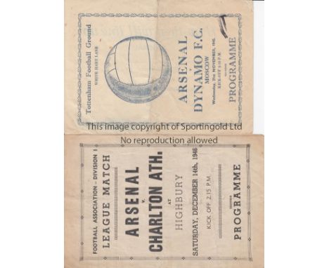 ARSENAL    Two home pirate programmes v. Dynamo Moscow Friendly played at Tottenham Hotspur FC 21/11/1945 blue print on white