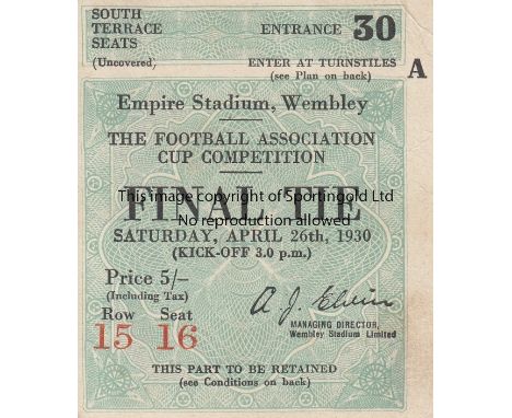 1930 CUP FINAL   Match ticket, 1930 Cup Final, South Terrace Seat.  Generally good