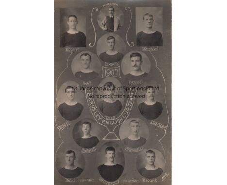 BARNSLEY       A black & white portrait postcard of English Cup team 1907 issued by Irving.   Generally good