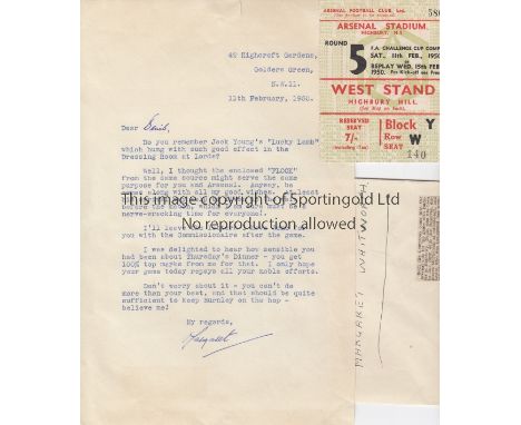 TICKET ARSENAL 1950   Match ticket for Arsenal v Burnley 11/2/50, FA Cup, West Stand reserved seat  plus an envelope with col