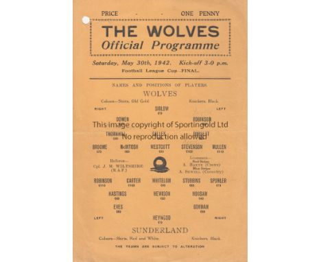WAR CUP FINAL 42    Wolves single sheet home programme v Sunderland, 30/5/42, War Cup North Final second leg after a 2-2 draw