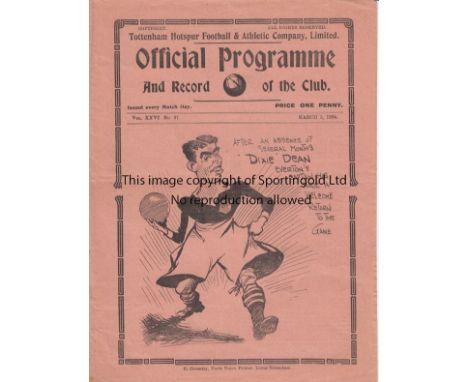 TOTTENHAM - EVERTON 1933-34    Tottenham home programme v Everton, 3/3/1934, slight fold.  Good