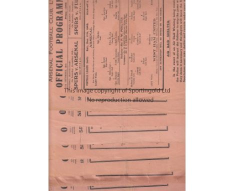 ARSENAL     Nine single sheet programmes FL South matches in season 1943/4 v. Portsmouth 18/9/1943, slightly creased, v. Chel