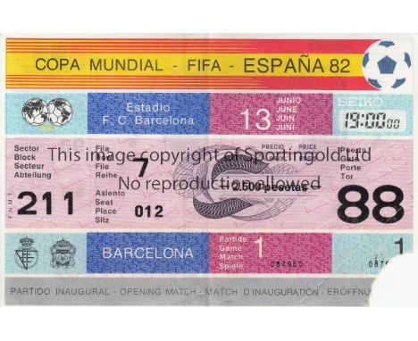 1982 WORLD CUP        Ticket for the opening match, Argentina v Belgium 13/6/1982 in Barcelona. Very slightly creased.    Gen