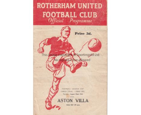 LEAGUE CUP FINAL   Programme Rotherham United v Aston Villa League Cup Final 1st Leg August 22nd 1961. Team change. Light fol