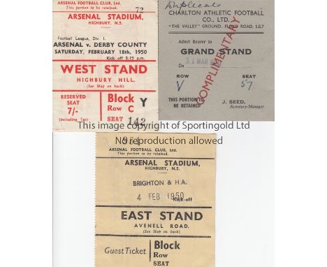 ARSENAL TICKETS 1950    Three match tickets for Arsenal games all left for collection by Denis Compton for a fan of his, home