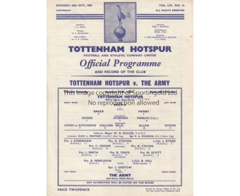 TOTTENHAM - THE ARMY 1960   Single sheet Tottenham home programme v The Army, 24/10/60, the Army had several well known playe