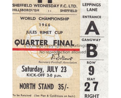 1966 WORLD CUP        Seat ticket for the Quarter-Final at Hillsborough, Sheff. Weds. FC, West Germany v Uruguay 23/7/1966, s