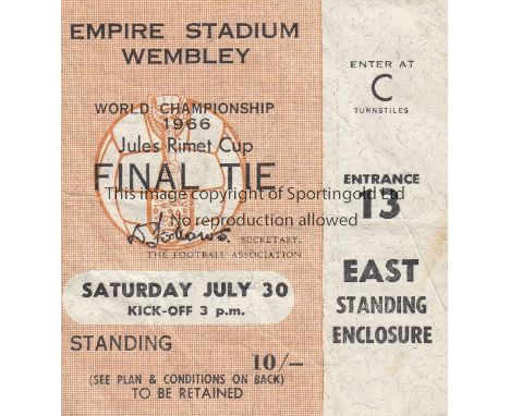 WORLD CUP FINAL 66 TICKET   Match ticket for the 1966 World Cup Final, 30th July 1966 at Wembley. East Standing Enclosure, sl
