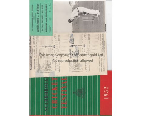 YORKSHIRE CCC / SCARBOROUGH FESTIVAL 1952      Official souvenir brochure 1952 No. 2 with small writing on cover, a ticket fo