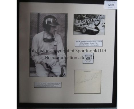 GRAHAM HILL/JOHN SURTEES   A superb framed and glazed signed montage (51cm x 48cm) of 2 photos the first a  portrait of Graha