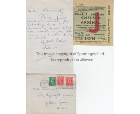 TICKET-DENIS COMPTON- ARSENAL-CHELSEA   Handwritten letter from Denis Compton to a lady fan of his enclosing a ticket for the