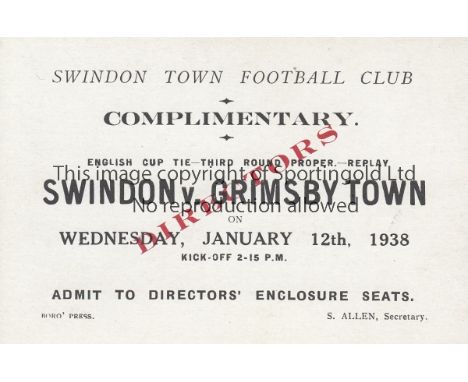 SWINDON  / GRIMSBY  Press Ticket Swindon Town v Grimsby Town FA Cup 3rd Round Replay 12th January 1938. Generally good