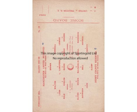 MANCHESTER UNITED RESERVES 47-48  Single sheet Manchester United Reserves home programme v Derby County Reserves, 28/2/48, pl