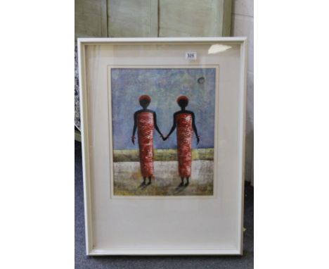 Studio Framed Signed Oil Painting Portrait of Two African Tribe Women