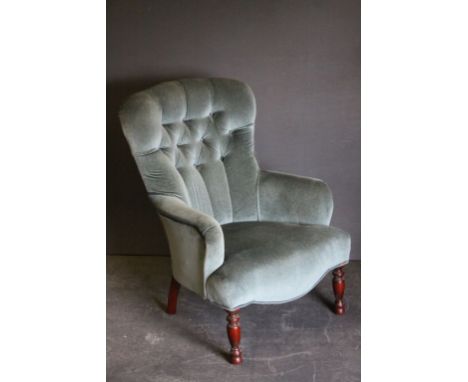 Victorian Style Blue Upholstered Button Back Armchair