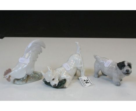 Three Royal Copenhagen Animals to include a Scottie dog playing with a shoe &amp; a Cockerel