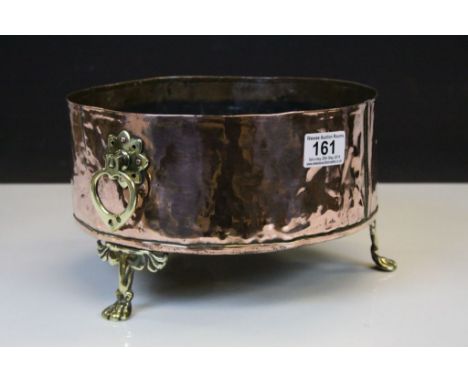 Vintage Copper Circular Planter with Brass Handles and Three Brass Paw Feet, 26cms diameter