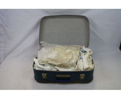 Vintage Suitcase containing a Quantity of Linens and Crocheted Items