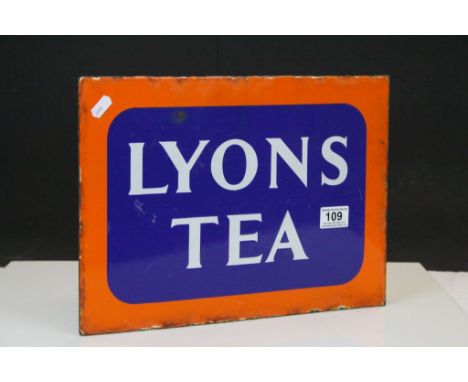 Vintage Double sided Enamel "Lyons Tea" sign in orange, blue &amp; white, measures approx 38 x 28cm