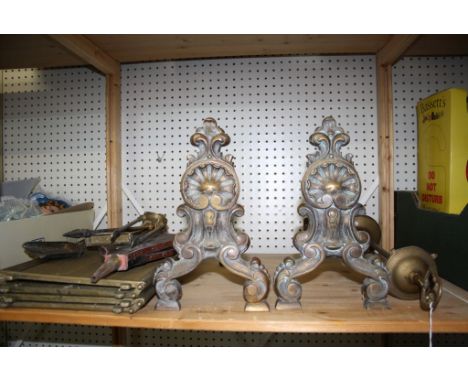 Pair of Brass Fire Dogs, Brass Companion Set, Bellows and a Brass Mesh Fire Screen
