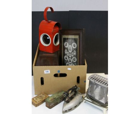 Box of mixed collectables to include a Wooden Shop Till, vintage Toaster, Iron, Bedfordshire County Council Work Lantern, Fra
