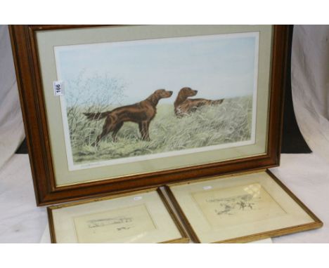 Framed and Glazed French Leon Danchin Coloured Etching of Pair of Red Setter Gun Dogs signed in pencil to the margin together
