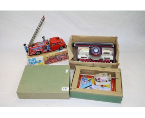 Three tin Plate Toys - Fire Engine, Typewriter and mouse Chase Game