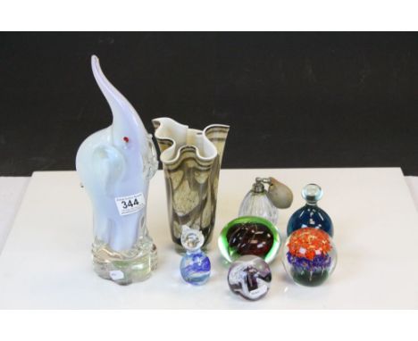 Collection of Six Glass Paperweights including Large Elephant Paperweight, Mdina, Caithness together with a Atomiser and a Va