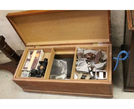 Vintage Teak Tool Box together with some items including Tools, Pulleys, etc, 99cms x 43cms x 35cms high
