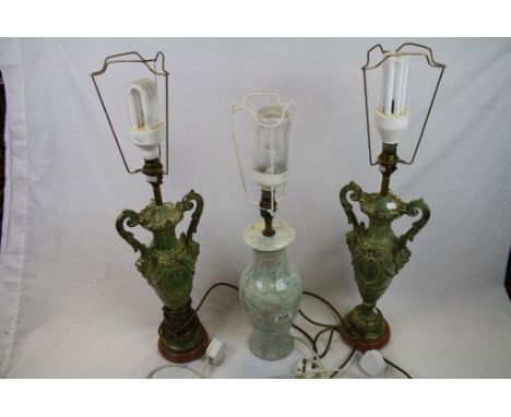 Pair of Classical Style Table Lamps with Green Patina Effect Finish together with a Green Mottled Effect Ceramic Table Lamp