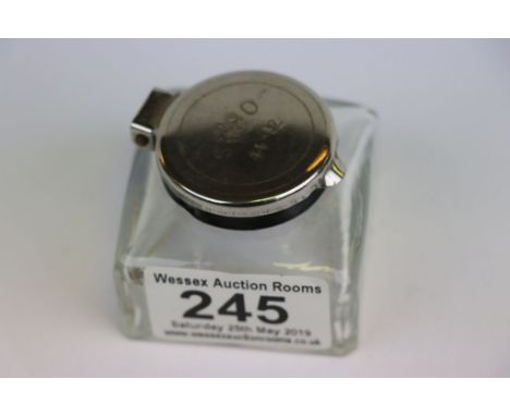 Post office Glass Inkwell with hinged metal lid marked "S O 44-12" with Crown, measures approx 5 x 5 x 4cm