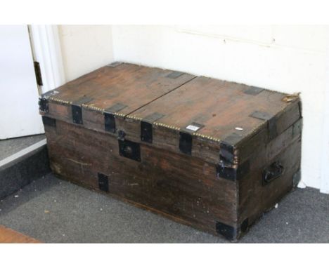 19th century Pine Box / Travelling Trunk, Iron Bound with Brass Studs, 90cns long x 38cms high