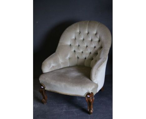 Victorian Button Back Green Upholstered Armchair with Scroll Carved Legs