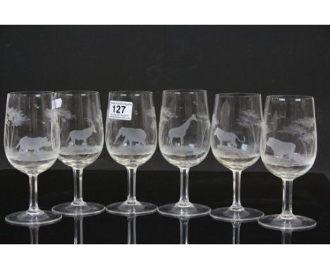 Set of six vintage Wine glasses each engraved with different African Animals and standing approx 17cm tall