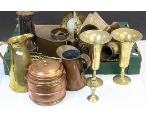 Tray of mixed vintage Brass &amp; Copper collectables to include a Miners Oil Lamp