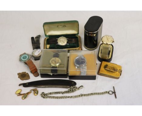 Box of mixed collectables to include vintage Gents Wristwatches, Mauchline Notebook, Razor, Watch chain etc