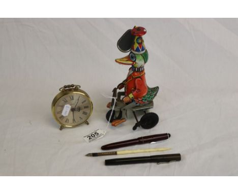 Chinese Tin plate clockwork toy, Bayard Alarm clock, two Fountain Pens to include Blackbird No3 with Gold nib &amp; a dip pen