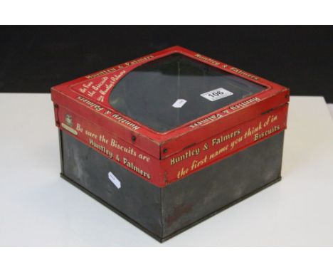 Vintage Huntley &amp; Palmer advertising Biscuit Tin with Glass panel to lid, measures approx 23.5 x 22 x 14.5cm