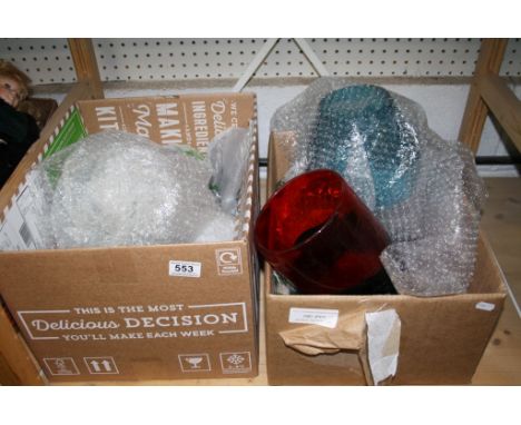 Collection of Glass Ware including Studio Red and Black Striped Bowl and Vase, Blue Bowl with Cat &amp; Mouse, Seven Pieces o